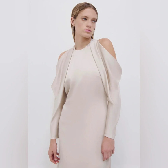 NWT | Jonathan Simkhai Caitlyn Draped Shoulder Champagne Crystal Chain Gown Sz 0 - Picture 2 of 8